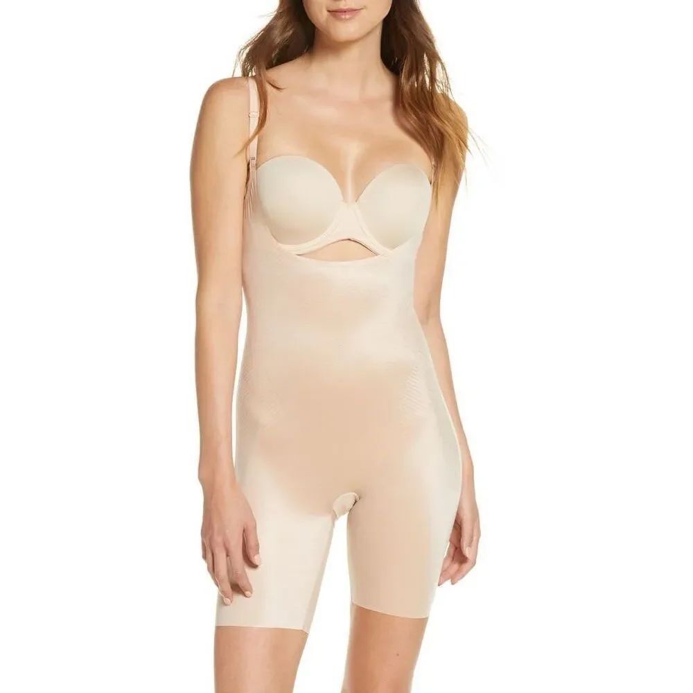 SPANX Thinstincts 2.0 Invisible Open-Bust Mid-Thigh Bodysuit Champange Beige XL
